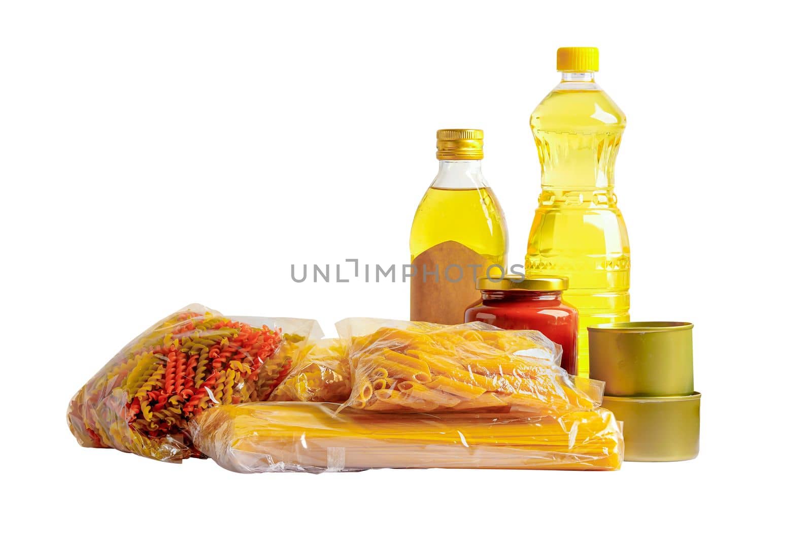 Foodstuffs in donation box isolated on white background with clipping path for volunteer to help people.