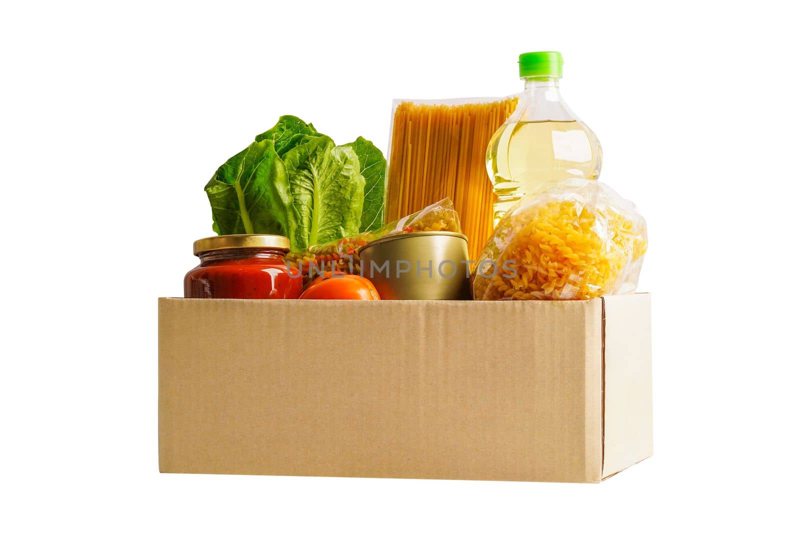Foodstuffs in donation box isolated on white background with clipping path for volunteer to help people. by sweettomato