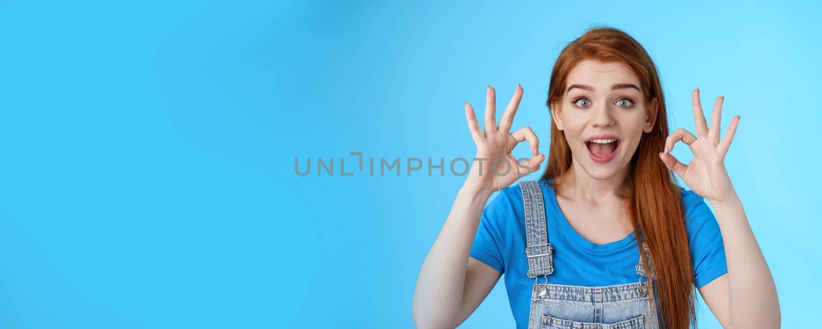 Excellent choice. Redhead female friend approve awesome idea, support accept good purshace, show okay ok confirmation gesture, smiling judging, give positive feedback, stand satisfied blue background by Benzoix