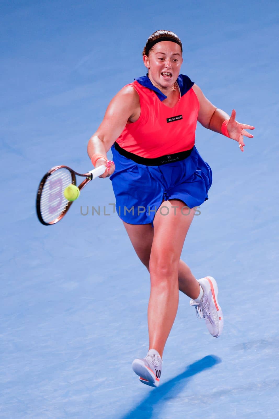 MELBOURNE, AUSTRALIA - JANUARY 24: Jelena Ostapenko of Latvia plays Elena Rybakina of Russia in quarter finals action on day 9 of the 2023 Australian Open at Melbourne Park on January 24, 2023 in Melbourne, Australia.