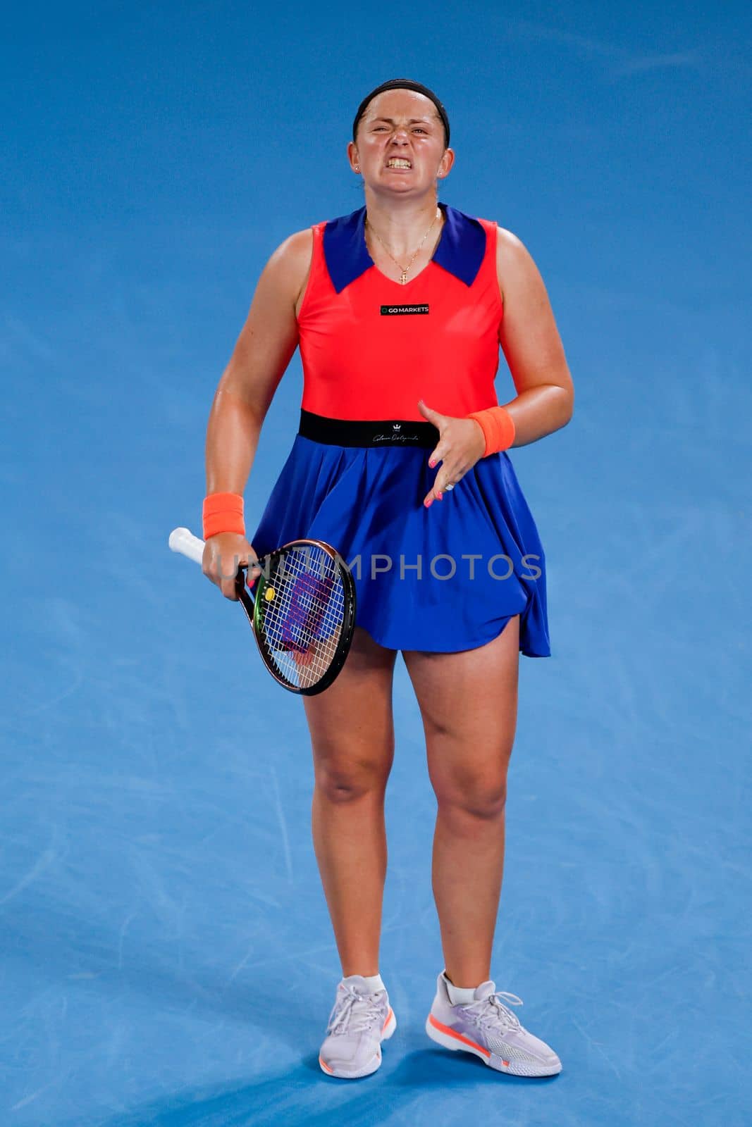 MELBOURNE, AUSTRALIA - JANUARY 24: Jelena Ostapenko of Latvia plays Elena Rybakina of Russia in quarter finals action on day 9 of the 2023 Australian Open at Melbourne Park on January 24, 2023 in Melbourne, Australia.