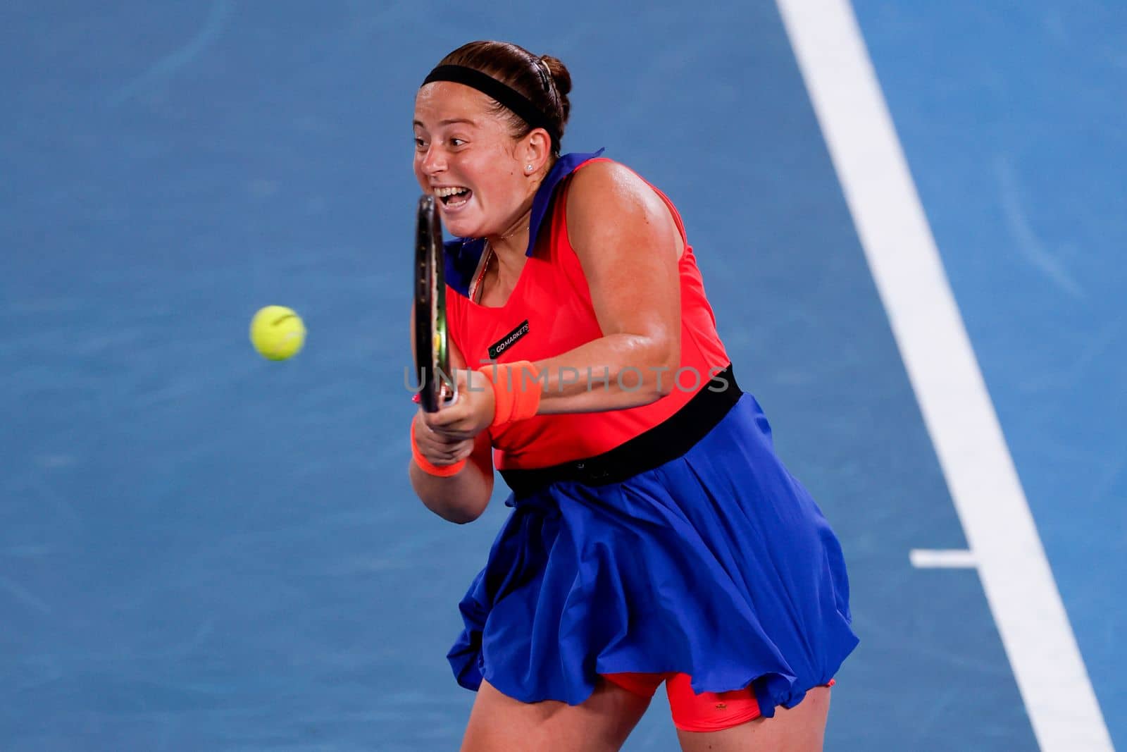 MELBOURNE, AUSTRALIA - JANUARY 24: Jelena Ostapenko of Latvia plays Elena Rybakina of Russia in quarter finals action on day 9 of the 2023 Australian Open at Melbourne Park on January 24, 2023 in Melbourne, Australia.