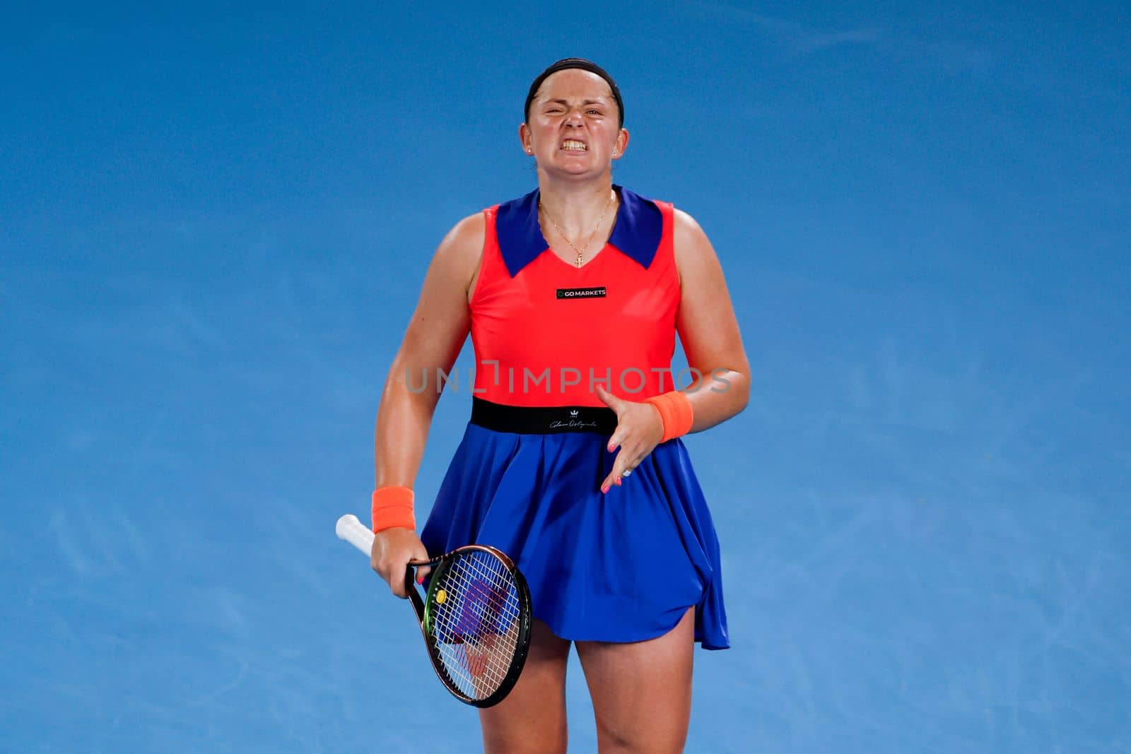 MELBOURNE, AUSTRALIA - JANUARY 24: Jelena Ostapenko of Latvia plays Elena Rybakina of Russia in quarter finals action on day 9 of the 2023 Australian Open at Melbourne Park on January 24, 2023 in Melbourne, Australia.