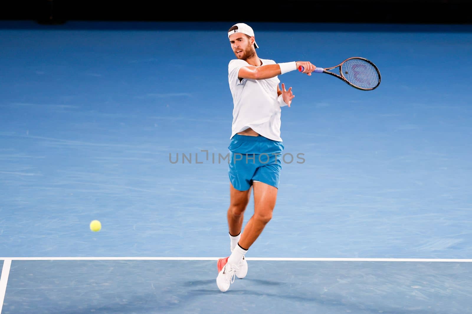 MELBOURNE, AUSTRALIA - JANUARY 24: Karen Khachanov of Russia in quarter final action against Sebastian Korda of USA on day 9 of the 2023 Australian Open at Melbourne Park on January 24, 2023 in Melbourne, Australia.