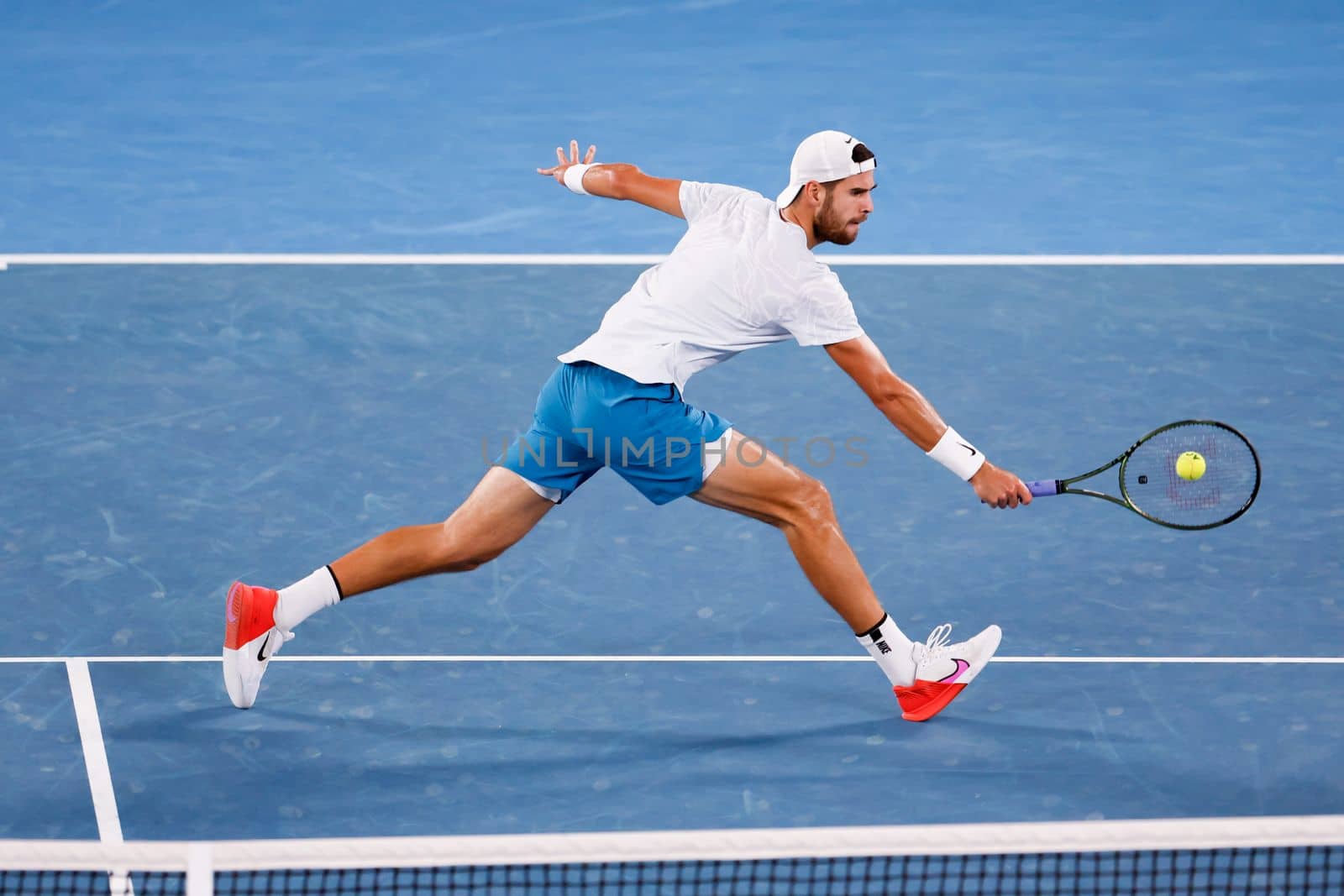 MELBOURNE, AUSTRALIA - JANUARY 24: Karen Khachanov of Russia in quarter final action against Sebastian Korda of USA on day 9 of the 2023 Australian Open at Melbourne Park on January 24, 2023 in Melbourne, Australia.