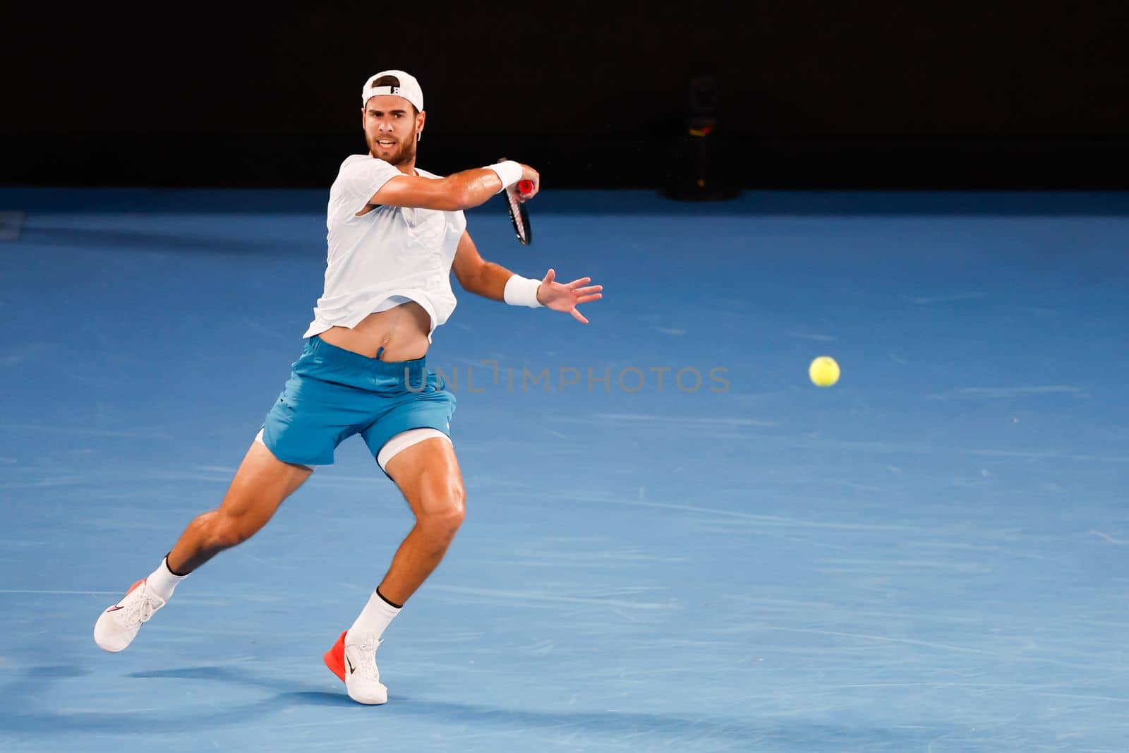 MELBOURNE, AUSTRALIA - JANUARY 24: Karen Khachanov of Russia in quarter final action against Sebastian Korda of USA on day 9 of the 2023 Australian Open at Melbourne Park on January 24, 2023 in Melbourne, Australia.