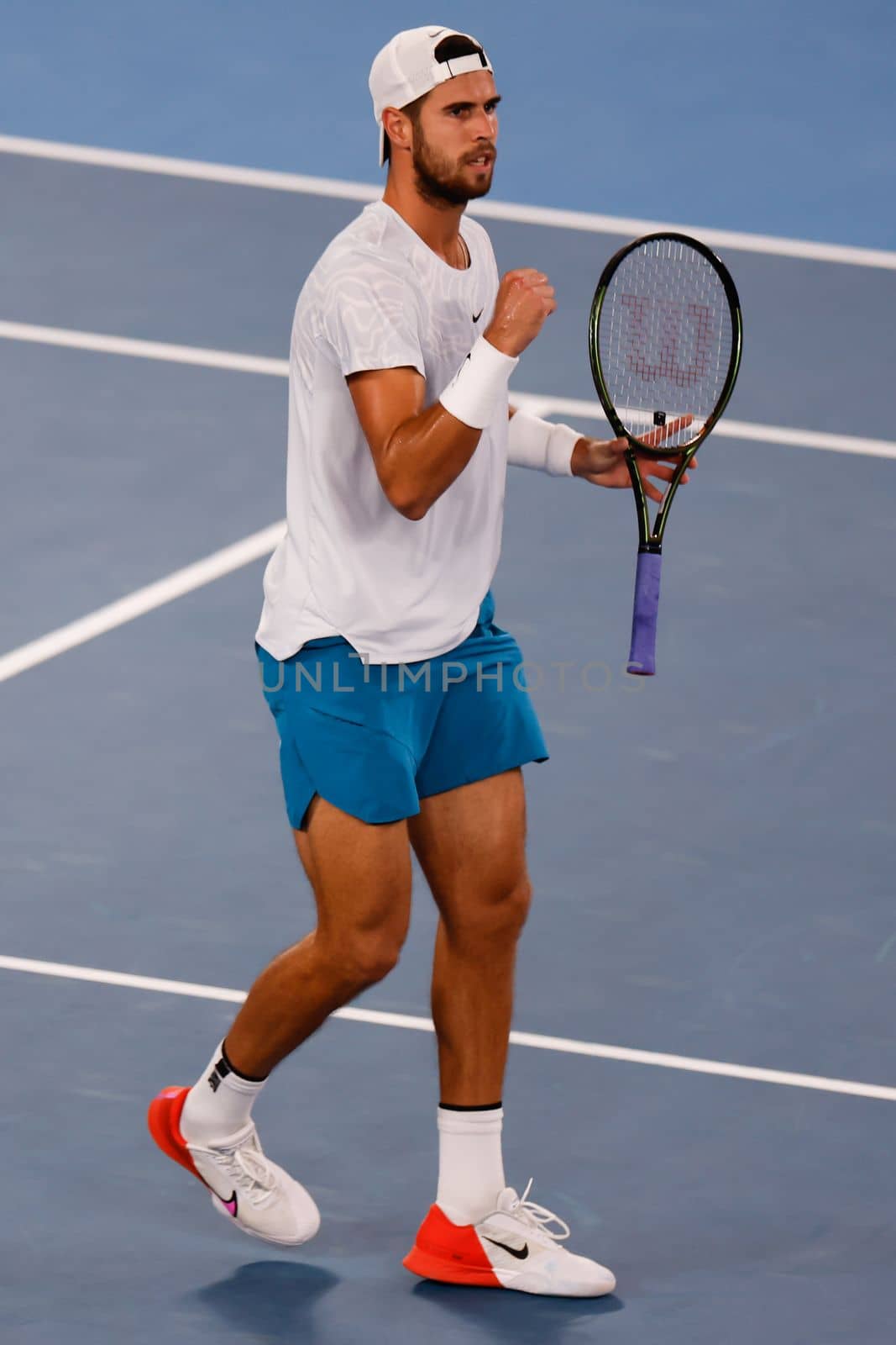 MELBOURNE, AUSTRALIA - JANUARY 24: Karen Khachanov of Russia in quarter final action against Sebastian Korda of USA on day 9 of the 2023 Australian Open at Melbourne Park on January 24, 2023 in Melbourne, Australia.