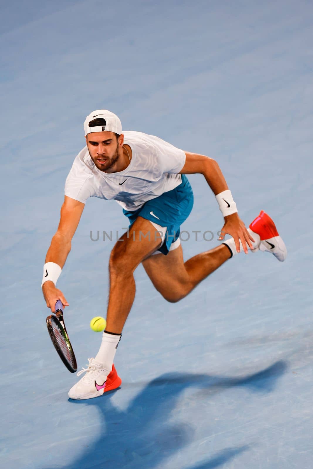 MELBOURNE, AUSTRALIA - JANUARY 24: Karen Khachanov of Russia in quarter final action against Sebastian Korda of USA on day 9 of the 2023 Australian Open at Melbourne Park on January 24, 2023 in Melbourne, Australia.