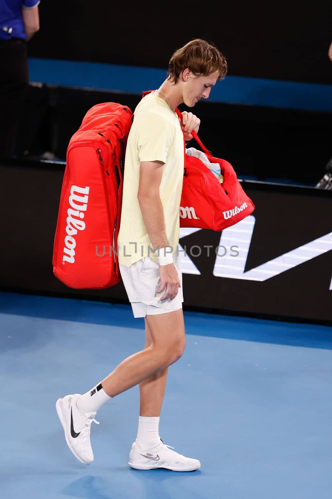 MELBOURNE, AUSTRALIA - JANUARY 24: Sebastian Korda leaves the court injured after retiring against Karen Khachanov of Russia in quarter final action on day 9 of the 2023 Australian Open at Melbourne Park on January 24, 2023 in Melbourne, Australia.