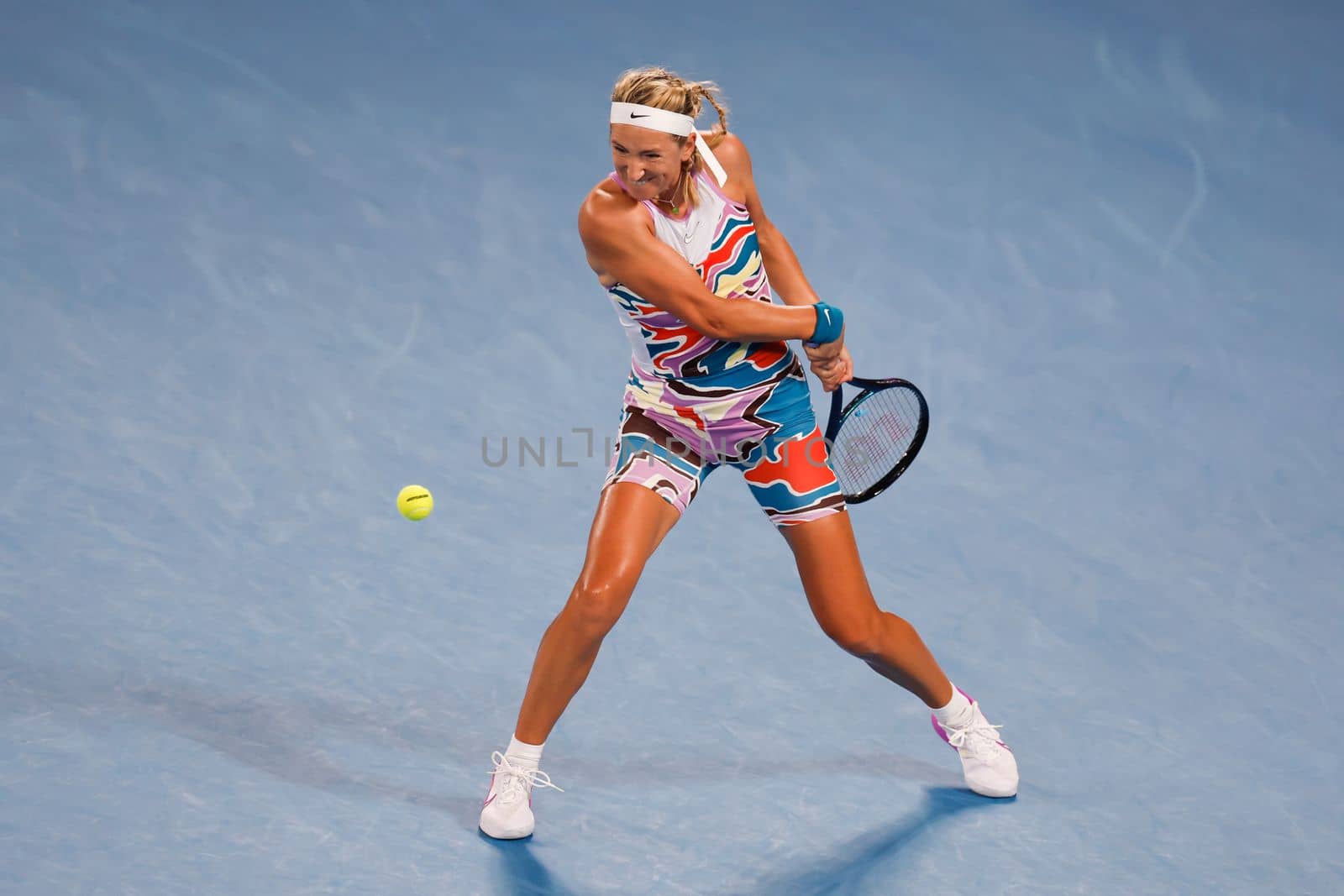 MELBOURNE, AUSTRALIA - JANUARY 24: Victoria Azarenka of Belarus in action against Jessica Pegula of USA in quarter final action on day 9 of the 2023 Australian Open at Melbourne Park on January 24, 2023 in Melbourne, Australia.