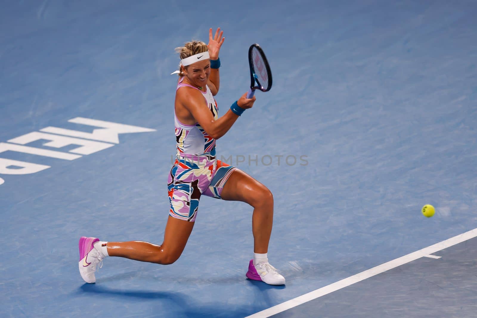 MELBOURNE, AUSTRALIA - JANUARY 24: Victoria Azarenka of Belarus in action against Jessica Pegula of USA in quarter final action on day 9 of the 2023 Australian Open at Melbourne Park on January 24, 2023 in Melbourne, Australia.