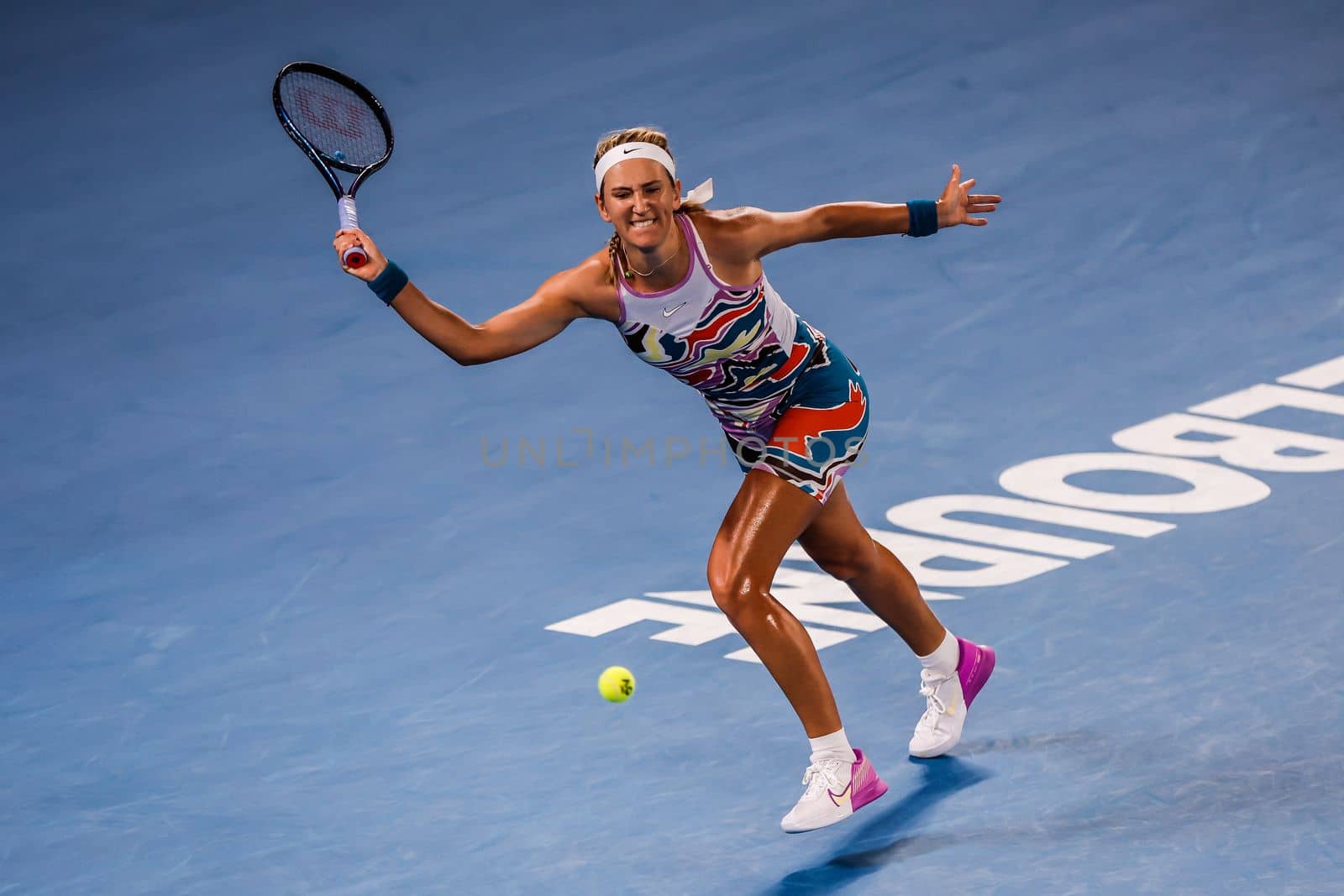 MELBOURNE, AUSTRALIA - JANUARY 24: Victoria Azarenka of Belarus in action against Jessica Pegula of USA in quarter final action on day 9 of the 2023 Australian Open at Melbourne Park on January 24, 2023 in Melbourne, Australia.