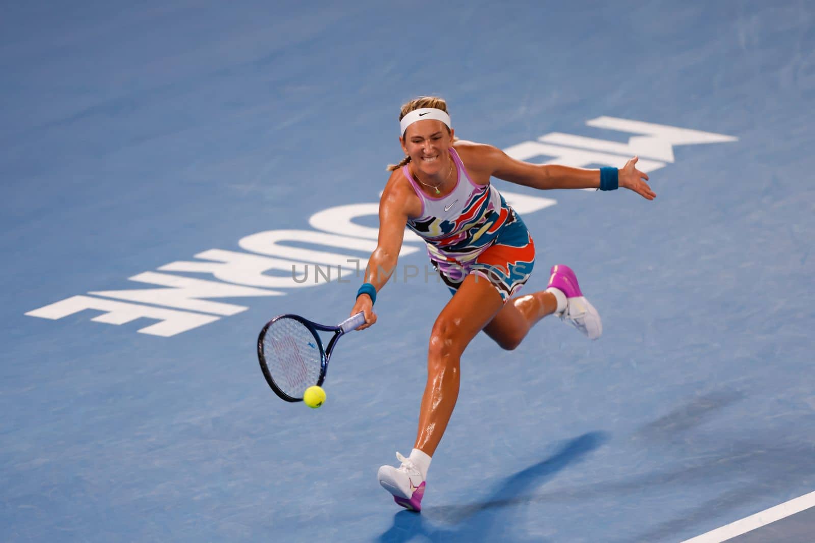 MELBOURNE, AUSTRALIA - JANUARY 24: Victoria Azarenka of Belarus in action against Jessica Pegula of USA in quarter final action on day 9 of the 2023 Australian Open at Melbourne Park on January 24, 2023 in Melbourne, Australia.