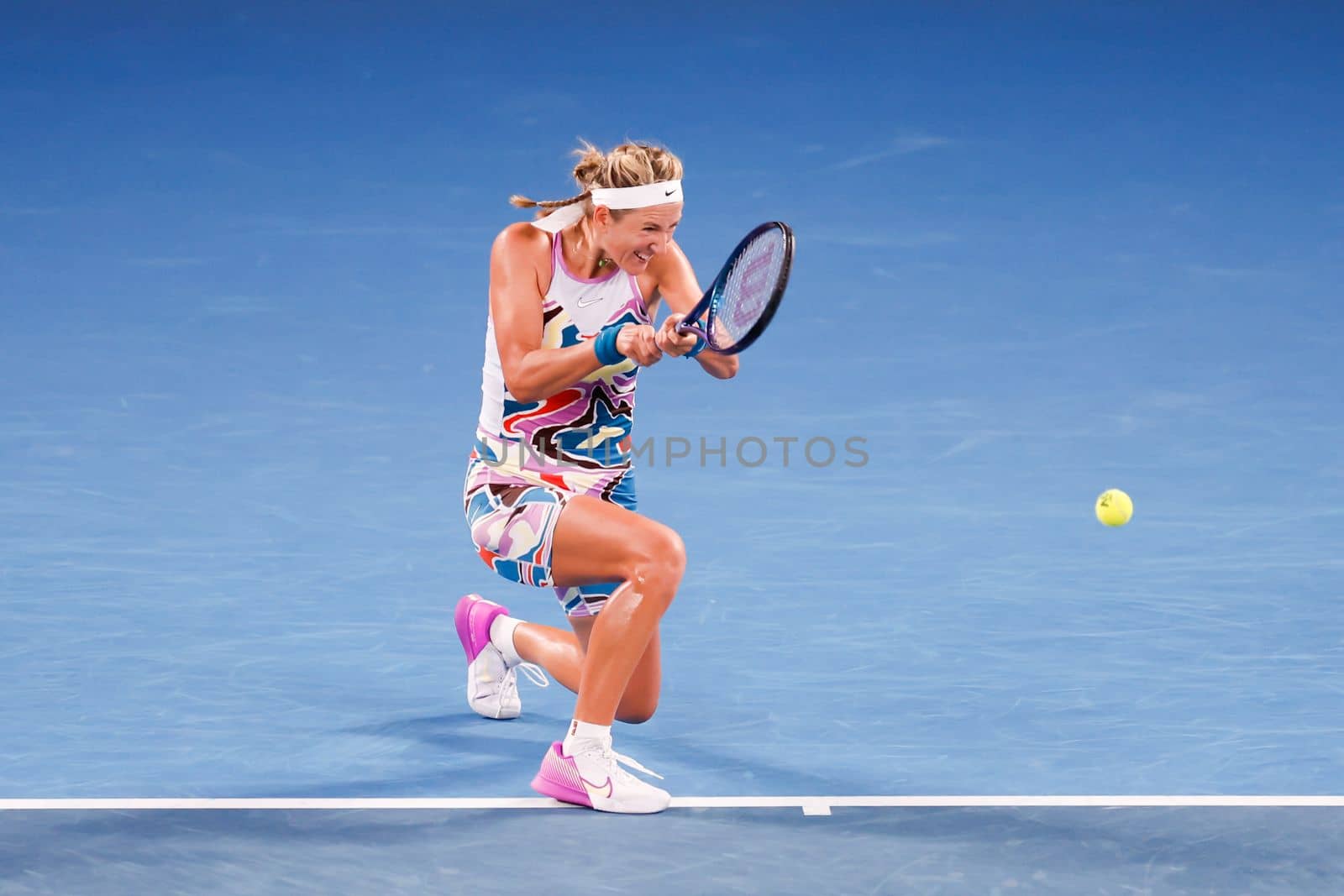 MELBOURNE, AUSTRALIA - JANUARY 24: Victoria Azarenka of Belarus in action against Jessica Pegula of USA in quarter final action on day 9 of the 2023 Australian Open at Melbourne Park on January 24, 2023 in Melbourne, Australia.