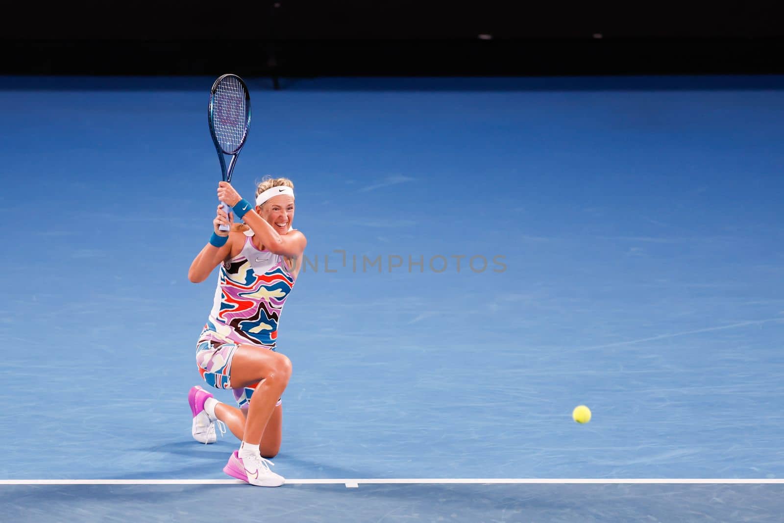 MELBOURNE, AUSTRALIA - JANUARY 24: Victoria Azarenka of Belarus in action against Jessica Pegula of USA in quarter final action on day 9 of the 2023 Australian Open at Melbourne Park on January 24, 2023 in Melbourne, Australia.