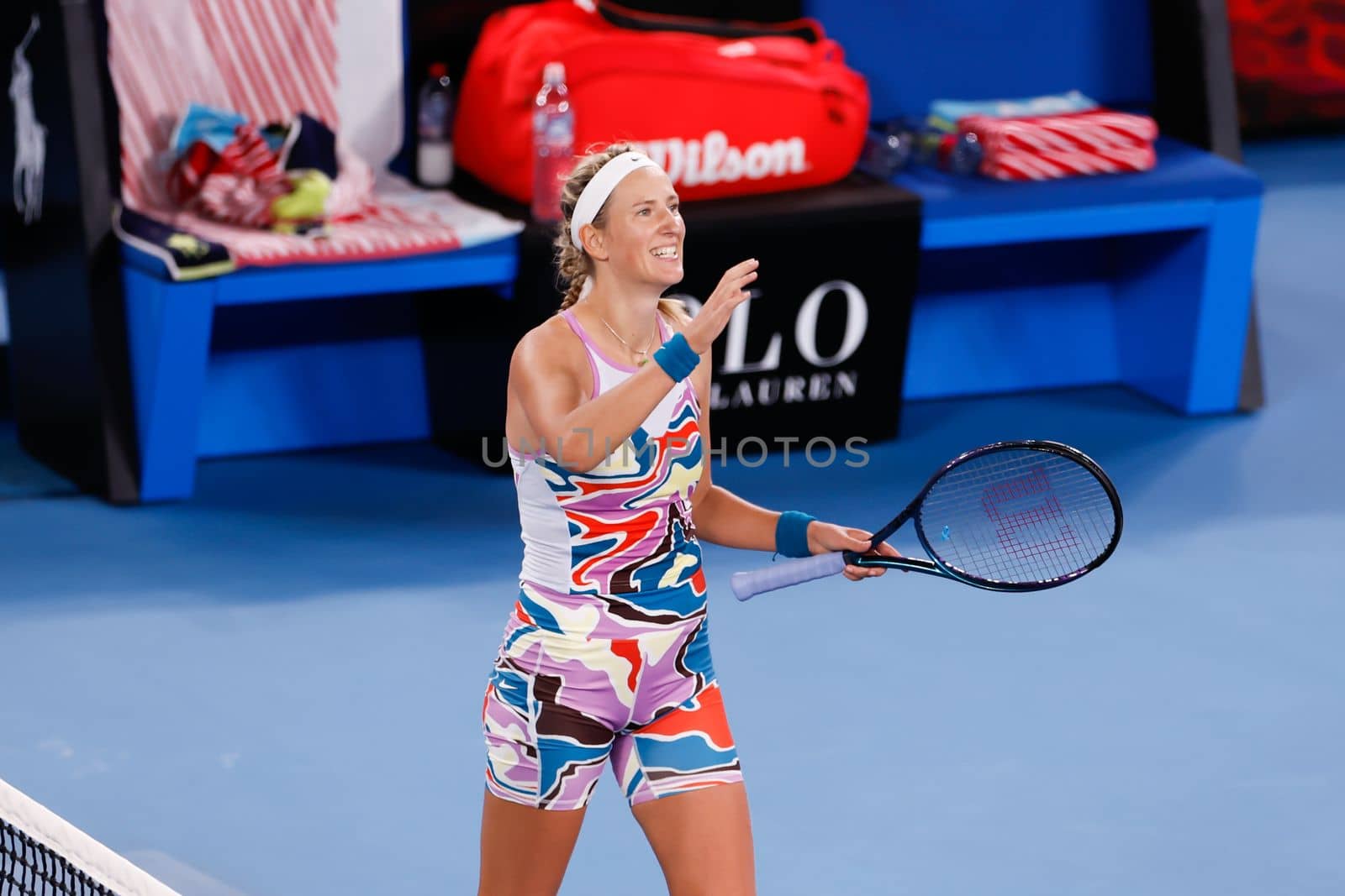 MELBOURNE, AUSTRALIA - JANUARY 24: Victoria Azarenka of Belarus in action against Jessica Pegula of USA in quarter final action on day 9 of the 2023 Australian Open at Melbourne Park on January 24, 2023 in Melbourne, Australia.