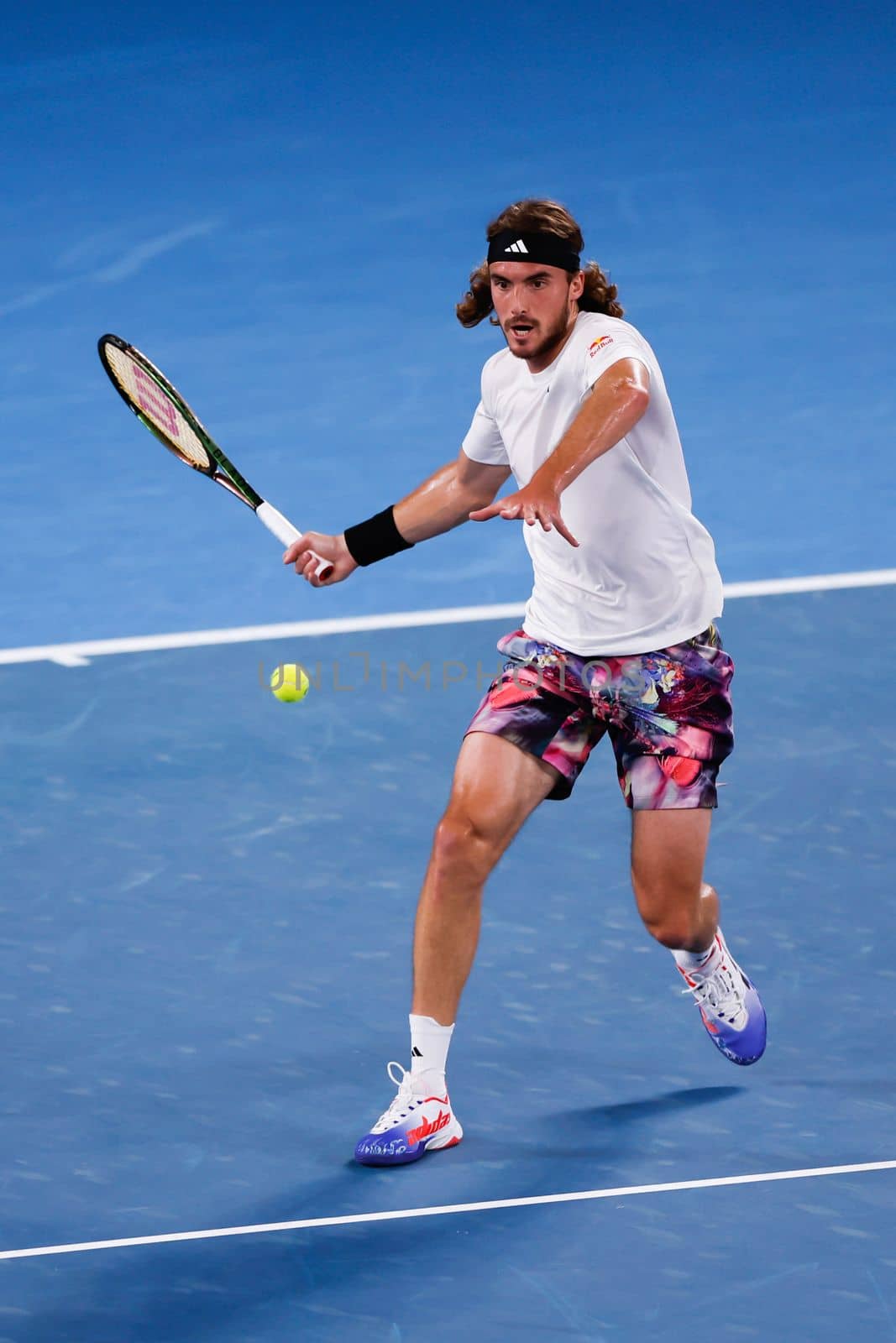 MELBOURNE, AUSTRALIA - JANUARY 24: Stefanos Tsitsipas of Greece plays Jiri Lehecka of Czech Republic in quarter final action on day 9 of the 2023 Australian Open at Melbourne Park on January 24, 2023 in Melbourne, Australia.