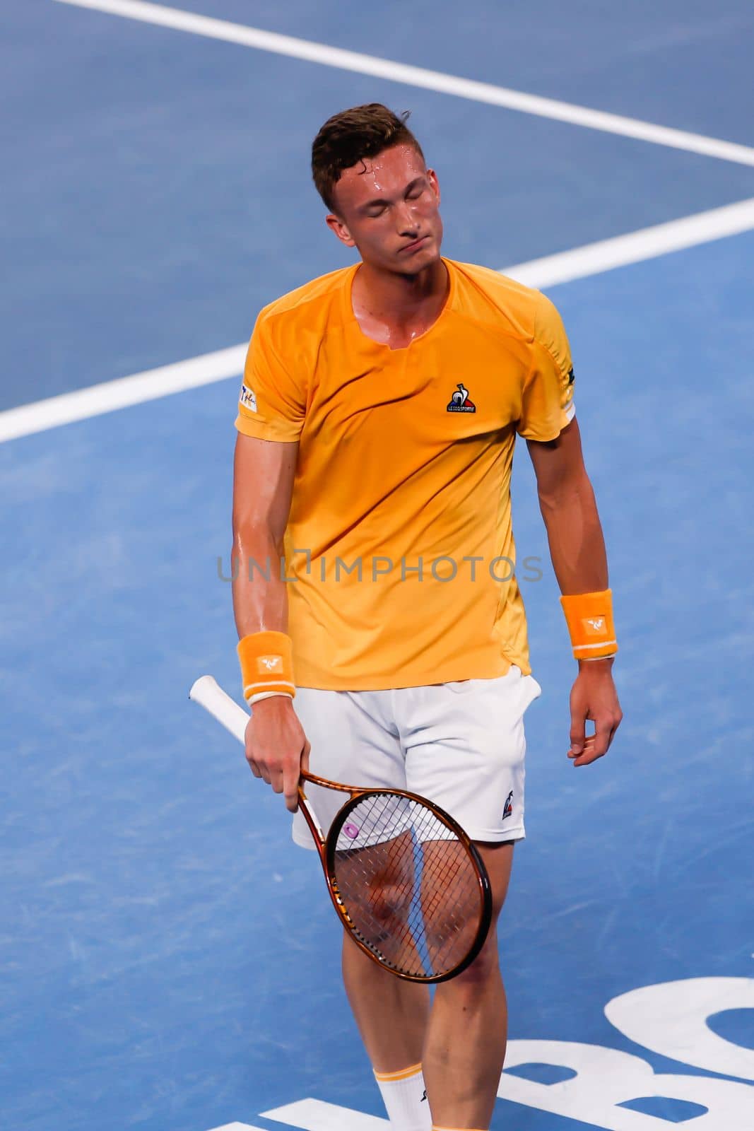 MELBOURNE, AUSTRALIA - JANUARY 24: Jiri Lehecka of Czech Republic plays Stefanos Tsitsipas of Greece in quarter final action on day 9 of the 2023 Australian Open at Melbourne Park on January 24, 2023 in Melbourne, Australia.