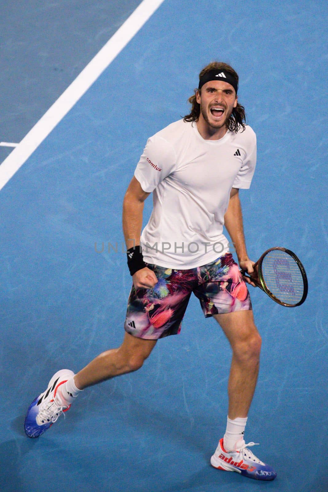 MELBOURNE, AUSTRALIA - JANUARY 24: Stefanos Tsitsipas of Greece beats Jiri Lehecka of Czech Republic in quarter final action on day 9 of the 2023 Australian Open at Melbourne Park on January 24, 2023 in Melbourne, Australia.