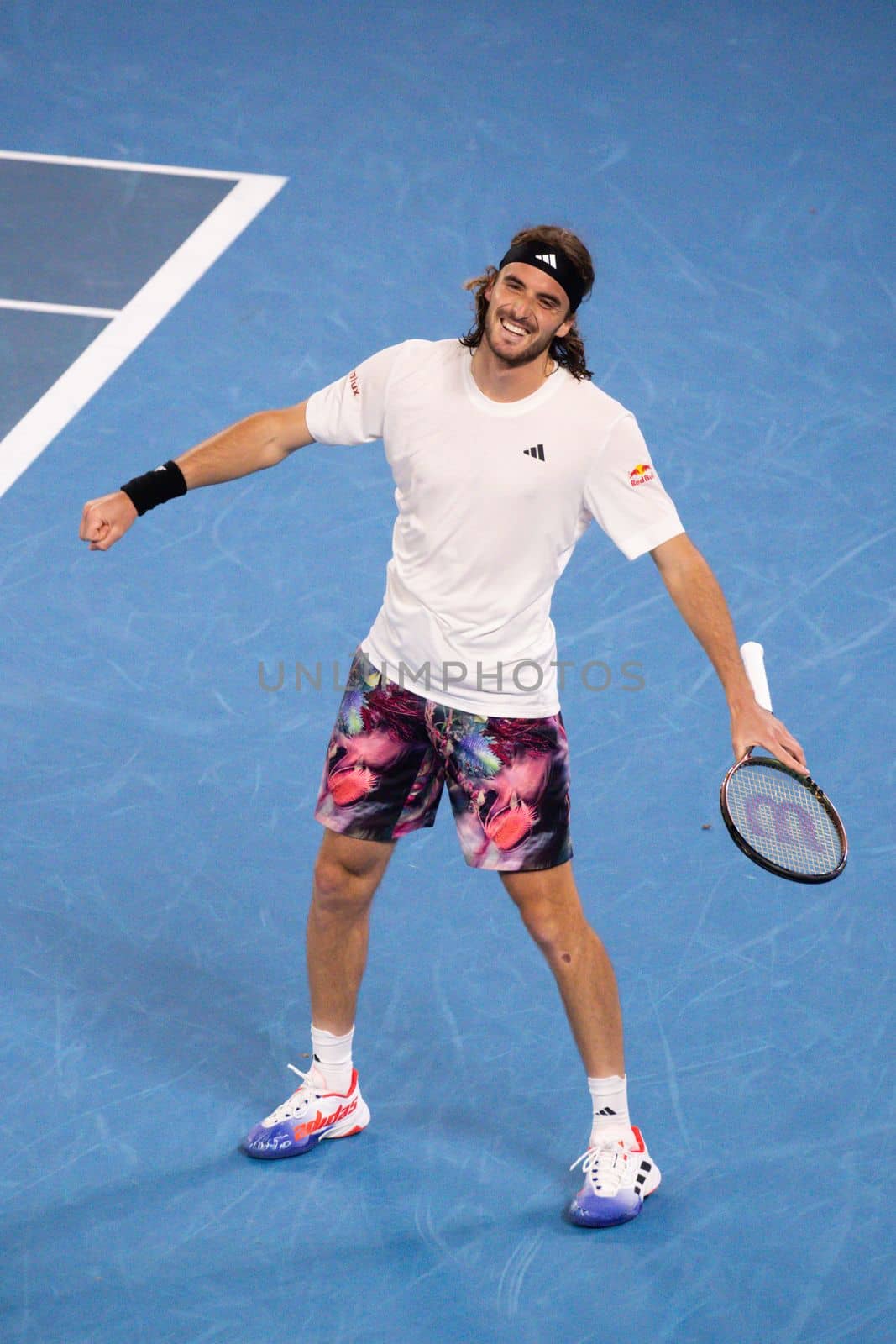 MELBOURNE, AUSTRALIA - JANUARY 24: Stefanos Tsitsipas of Greece beats Jiri Lehecka of Czech Republic in quarter final action on day 9 of the 2023 Australian Open at Melbourne Park on January 24, 2023 in Melbourne, Australia.