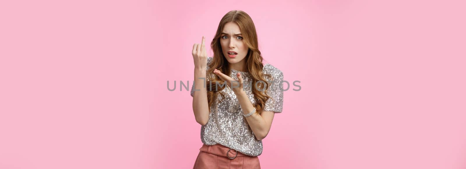 Glamour pissed girlfriend arguing boyfriend questioned bothered when wedding showing ring finger frustrated upset man commitment issues, wanna marry, ask when become bride, standing pink background.