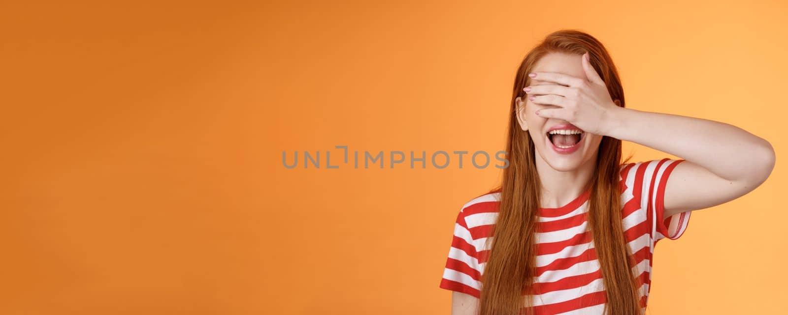 Enthusiastic cute happy redhead woman celebrate birthday counting ten closed eyes, cover sight palm, open mouth excited, waiting surprise gift, eager receive present, playing hide-n-seek by Benzoix