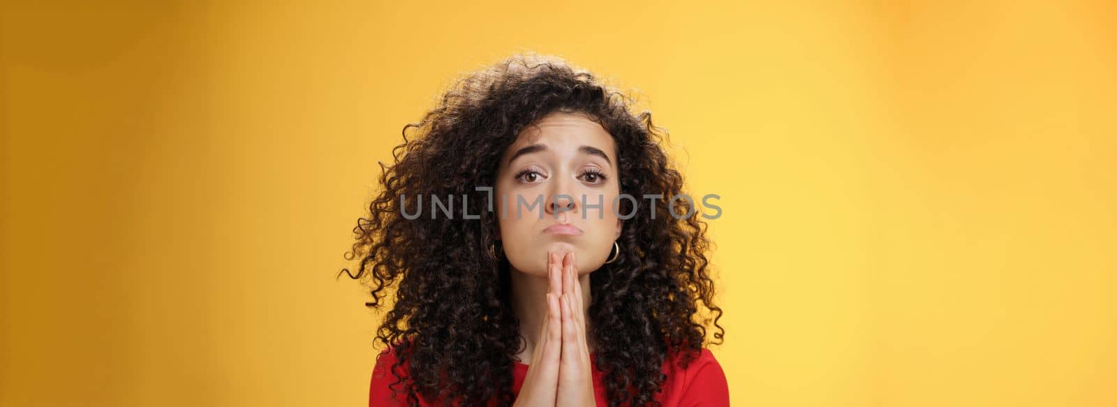 Please I beg you. Portrait of sad and cute curly-haired girl with angel eyes pouting holding hands in pray and looking hopeful at camera waiting for mercy asking apology, supplicating over yellow wall.