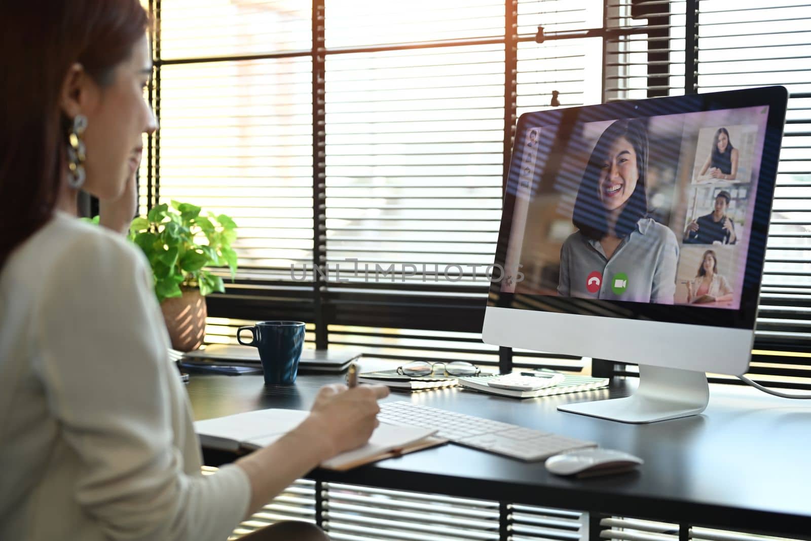 Side view of female corporate CEO having video conference with divers business colleagues on computer.
