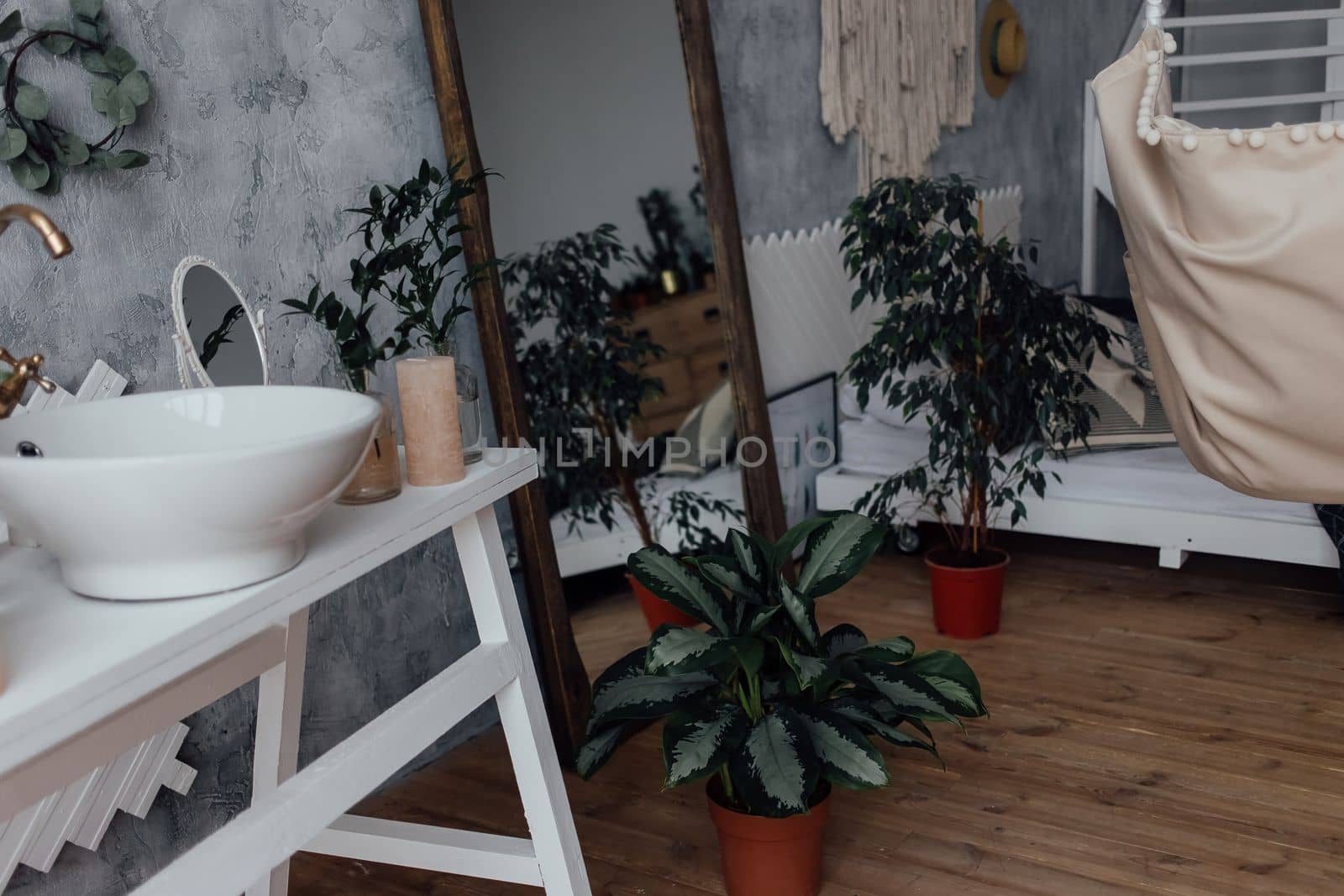 Bathing Room Interior Design. Cozy Empty Modern Bathroom Background With White Bathtub And Panoramic Windows.