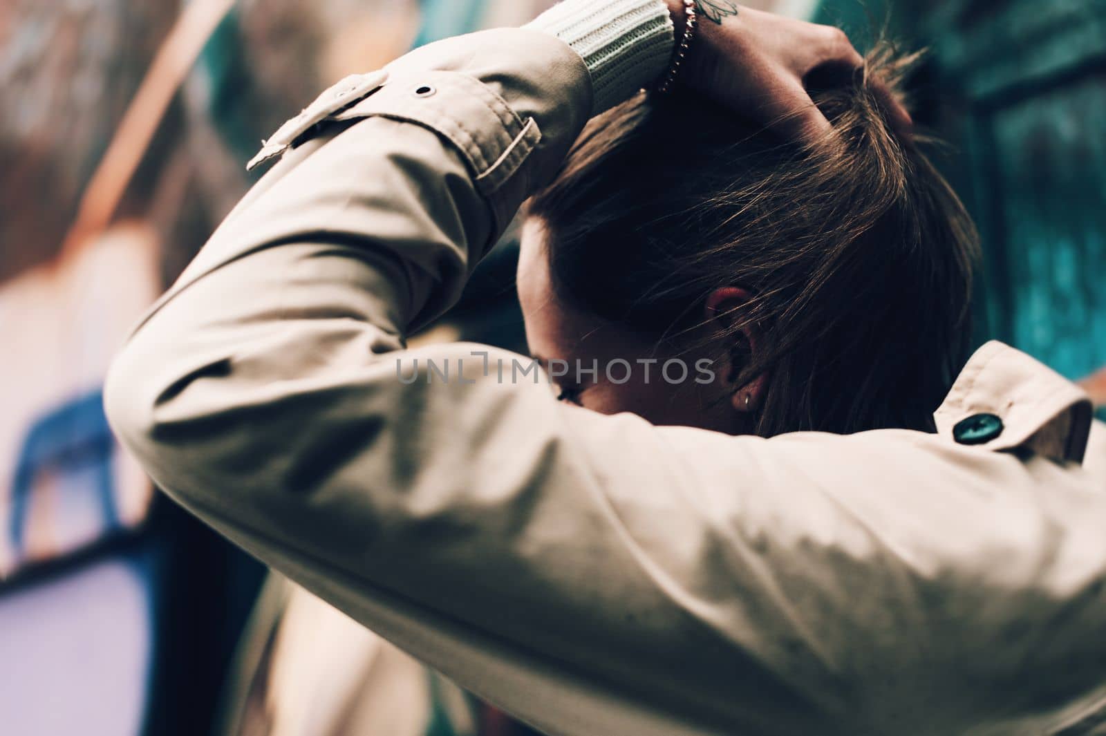 Close-up portrait Beautiful elegant woman wearing beige coat and black hat. Trendy casual outfit. Soft selective focus. grain by Ashtray25