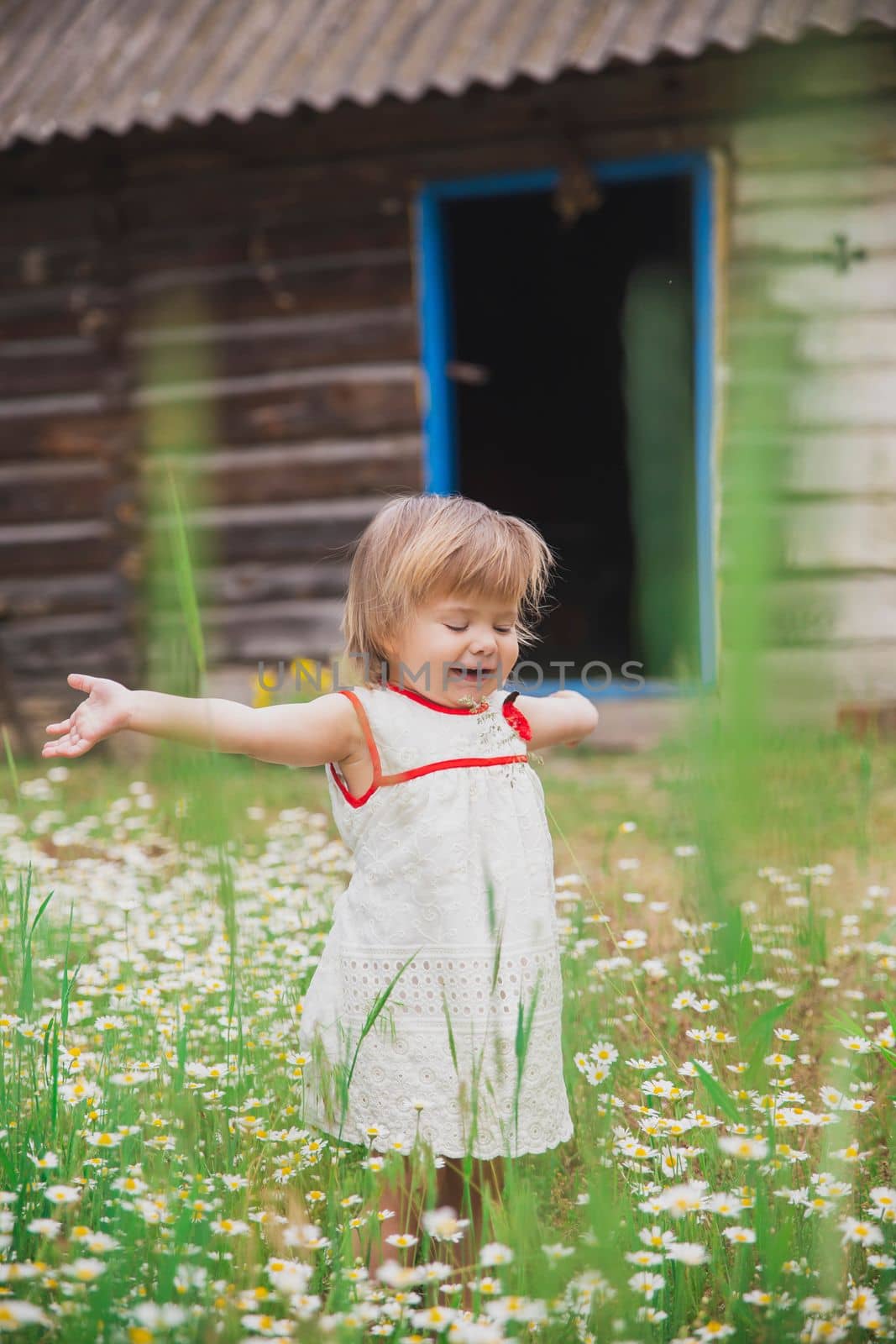 charming baby in an embroidered dress enjoys flowers near a wooden hut.