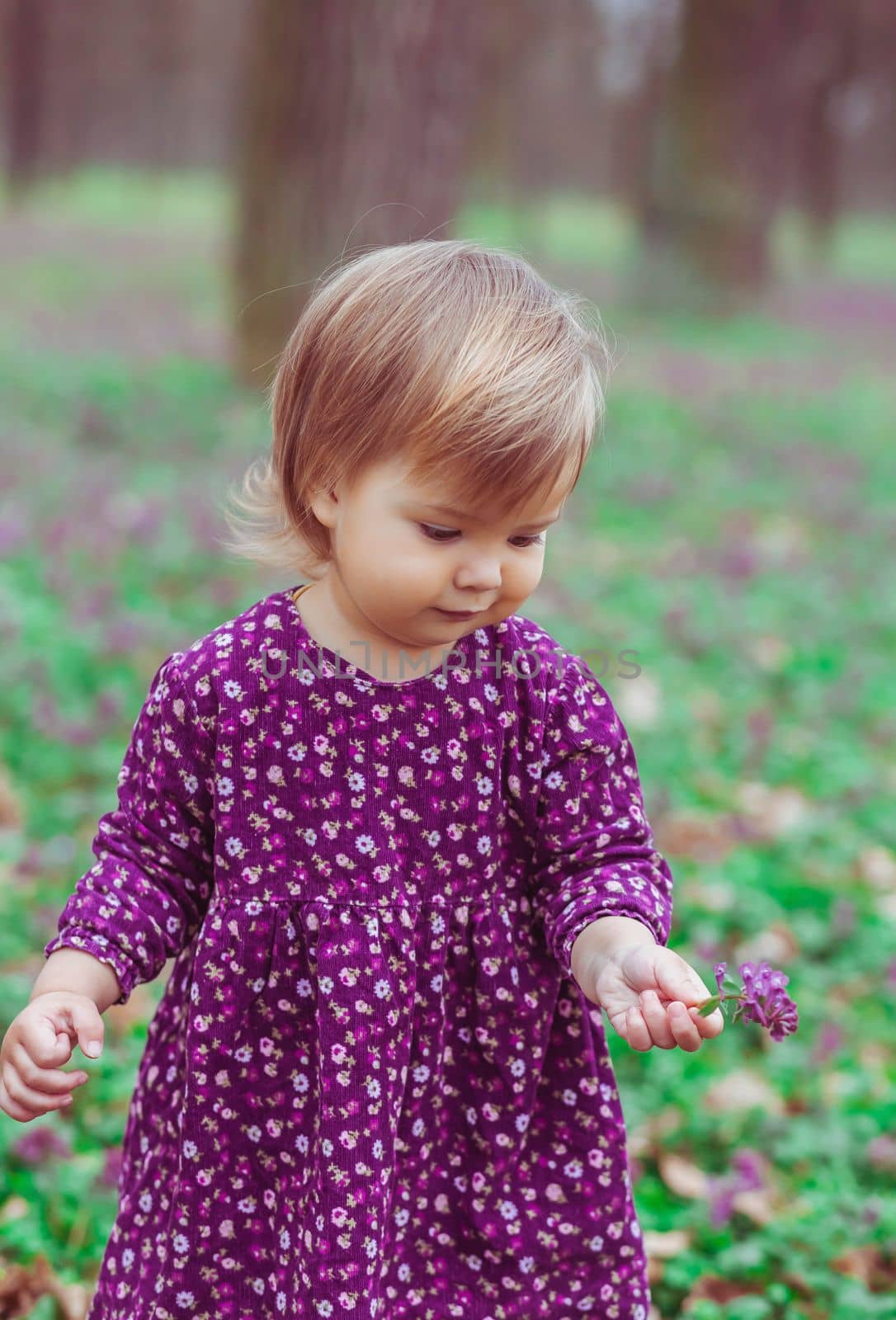 blond baby in a colored dress holding flower in a forest glade.