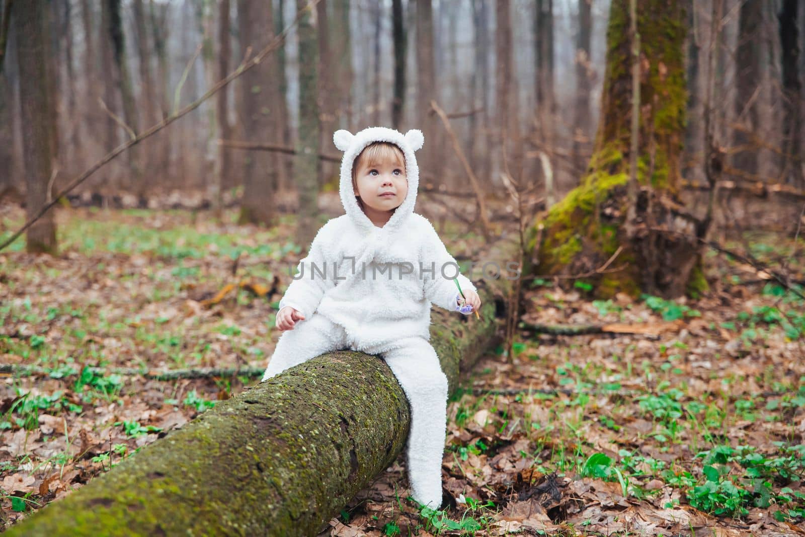 Adorable baby in a bear costume sitting on a fallen tree in the forest.