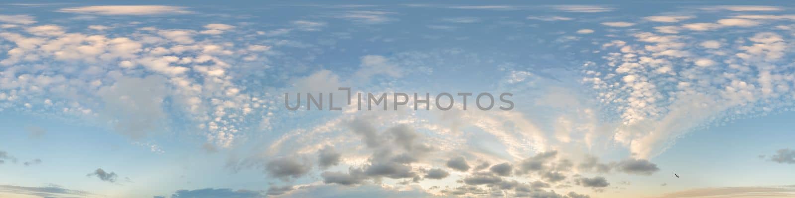 Sky panorama with Cirrus clouds in Seamless spherical equirectangular format. Full zenith for use in 3D graphics, game and editing aerial drone 360 degree panoramas for sky replacement