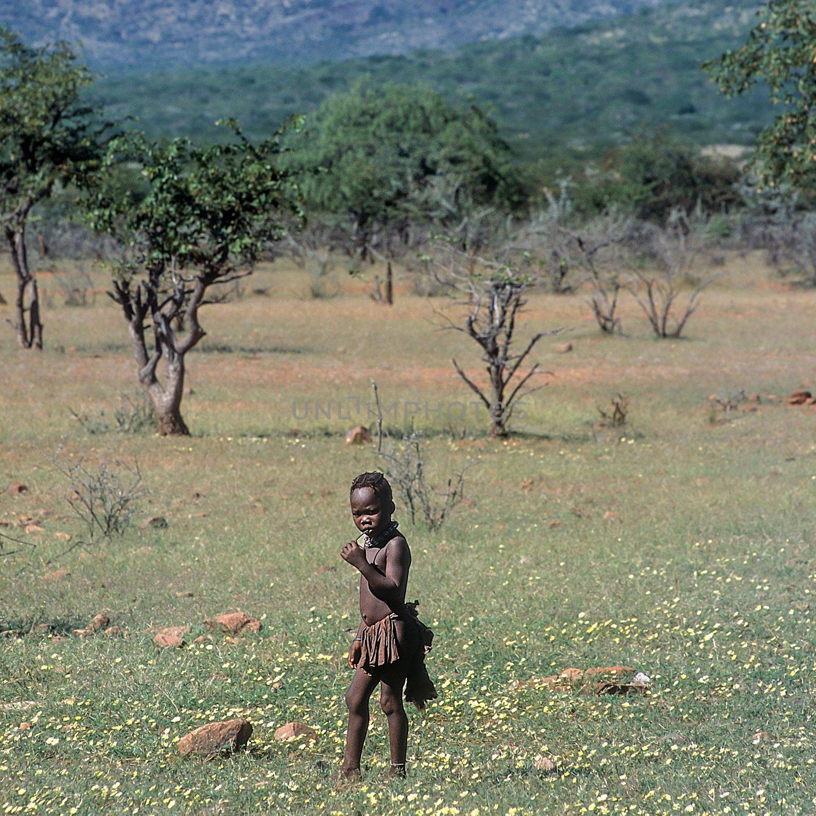 May 15, 2005.Himba village. unidentified Himba boy. Epupa Falls, Kaokoland or Kunene Province, Namibia, Africa