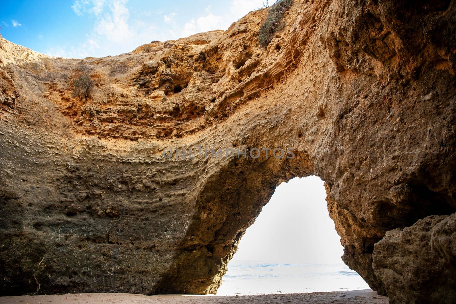 Maria Luisa beach with rock formation in Albufeira, Algarve, Portugal.