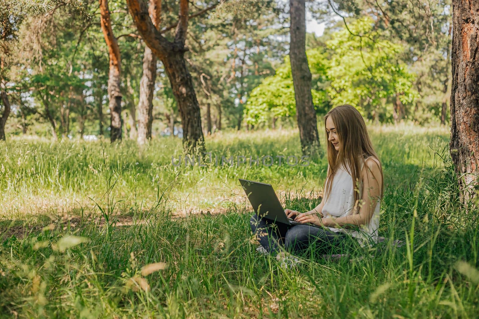 On the banner, a young girl works with a laptop in the fresh air in the park, sitting on the lawn. The concept of remote work. Work as a freelancer. The girl takes courses on a laptop and smiles