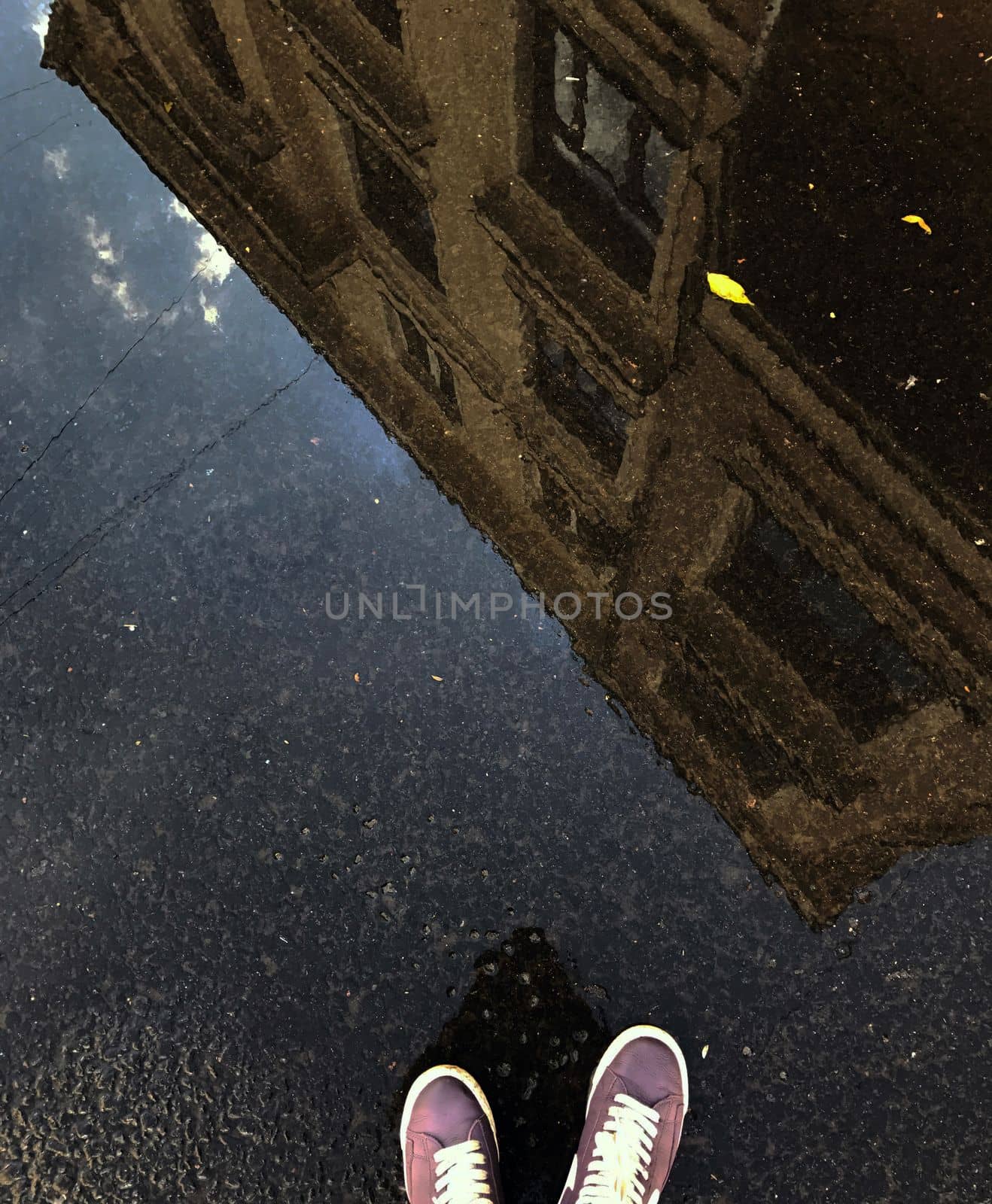 Reflection in a puddle of a building and the legs of a man in sneakers.