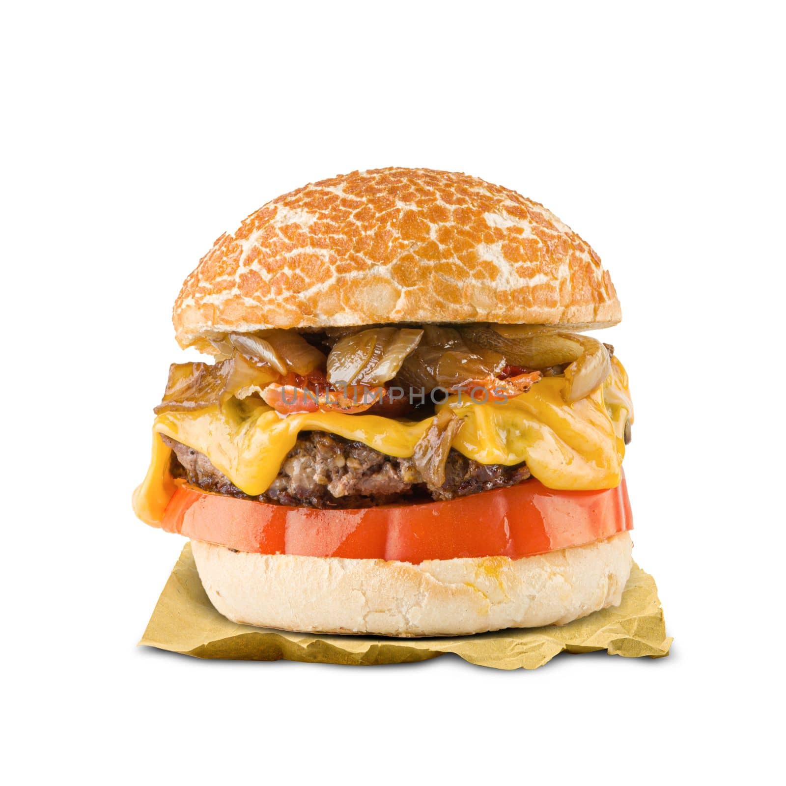 Special Hamburger with bacon, onion and cheddar isolated