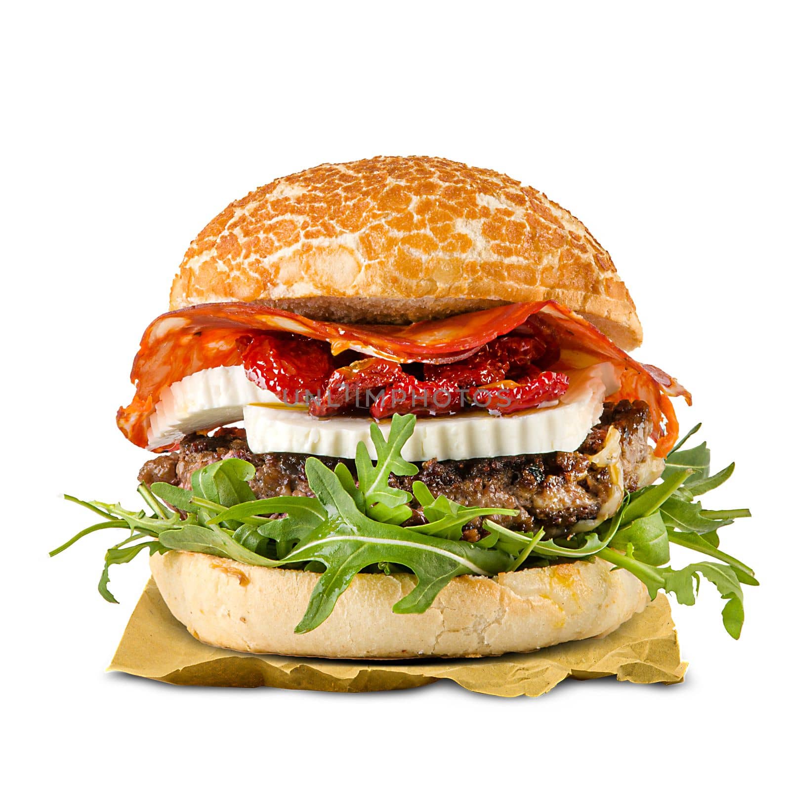 Special Hamburger with salami, tomatoes and fresh cheese