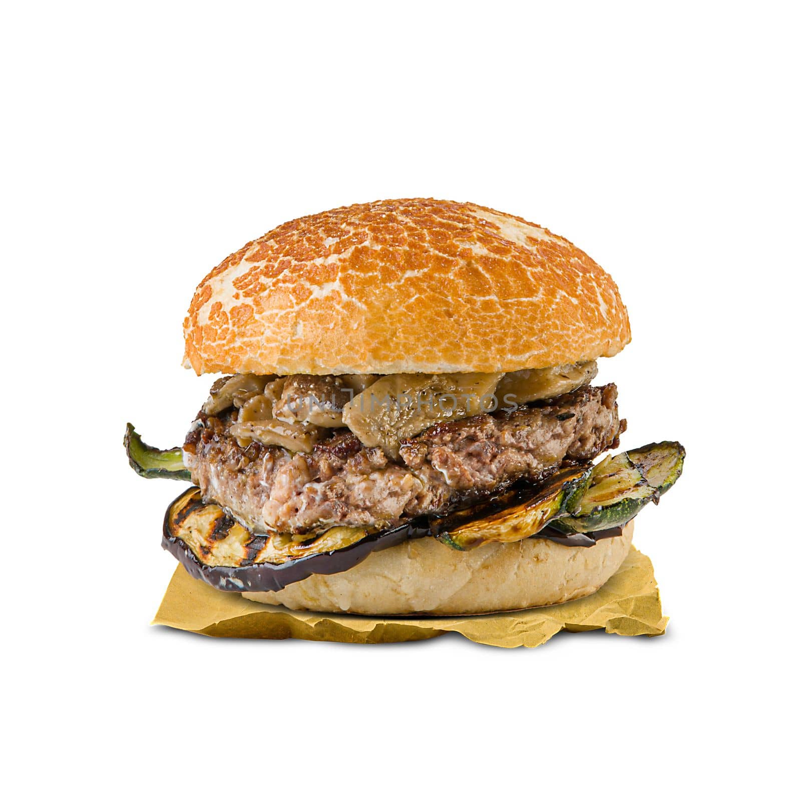 Special Hamburger with eggplants and zucchini isolated