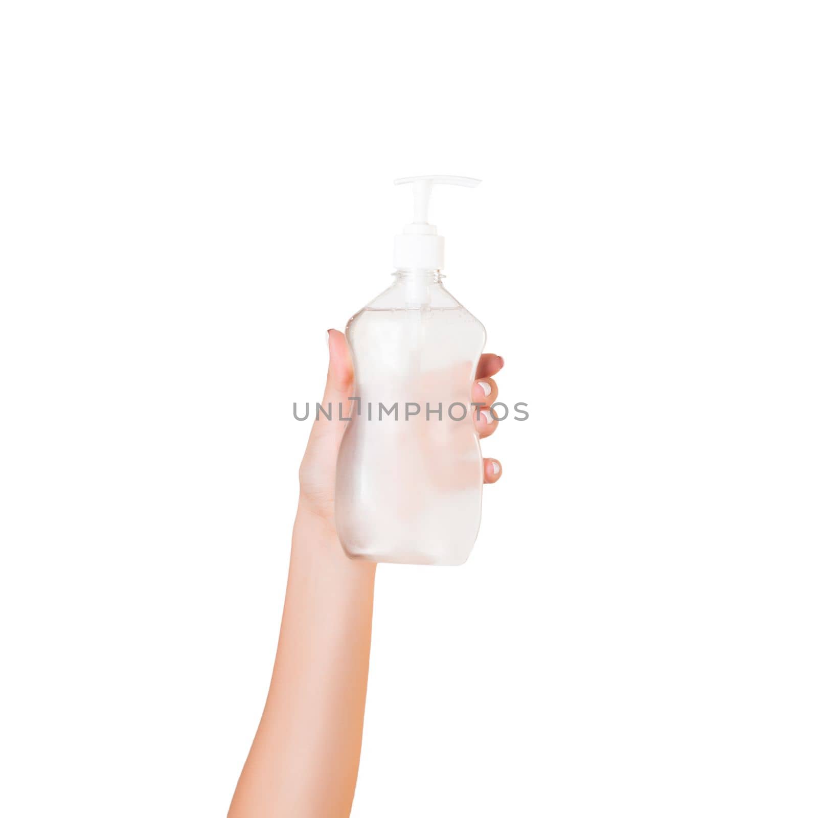 Female hand holding cream bottle of lotion isolated. Girl give cosmetic products on white background.