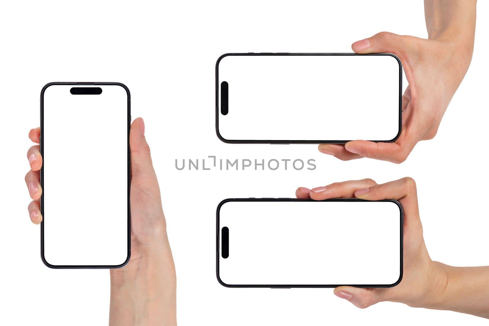 Phone in hand, set. Modern, new phone in hand isolated on white background from different angles. Mockup set, smartphones in hands from different sides to be inserted into the project by SERSOL