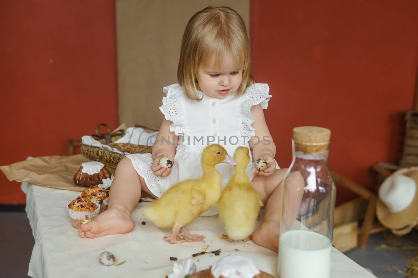 A little girl is sitting on the Easter table and playing with cute fluffy ducklings. The concept of celebrating happy Easter