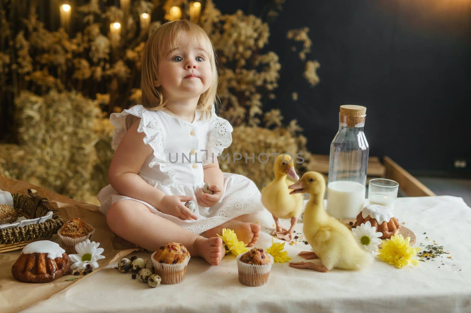A little girl is sitting on the Easter table and playing with cute fluffy ducklings. The concept of celebrating happy Easter. by Annu1tochka