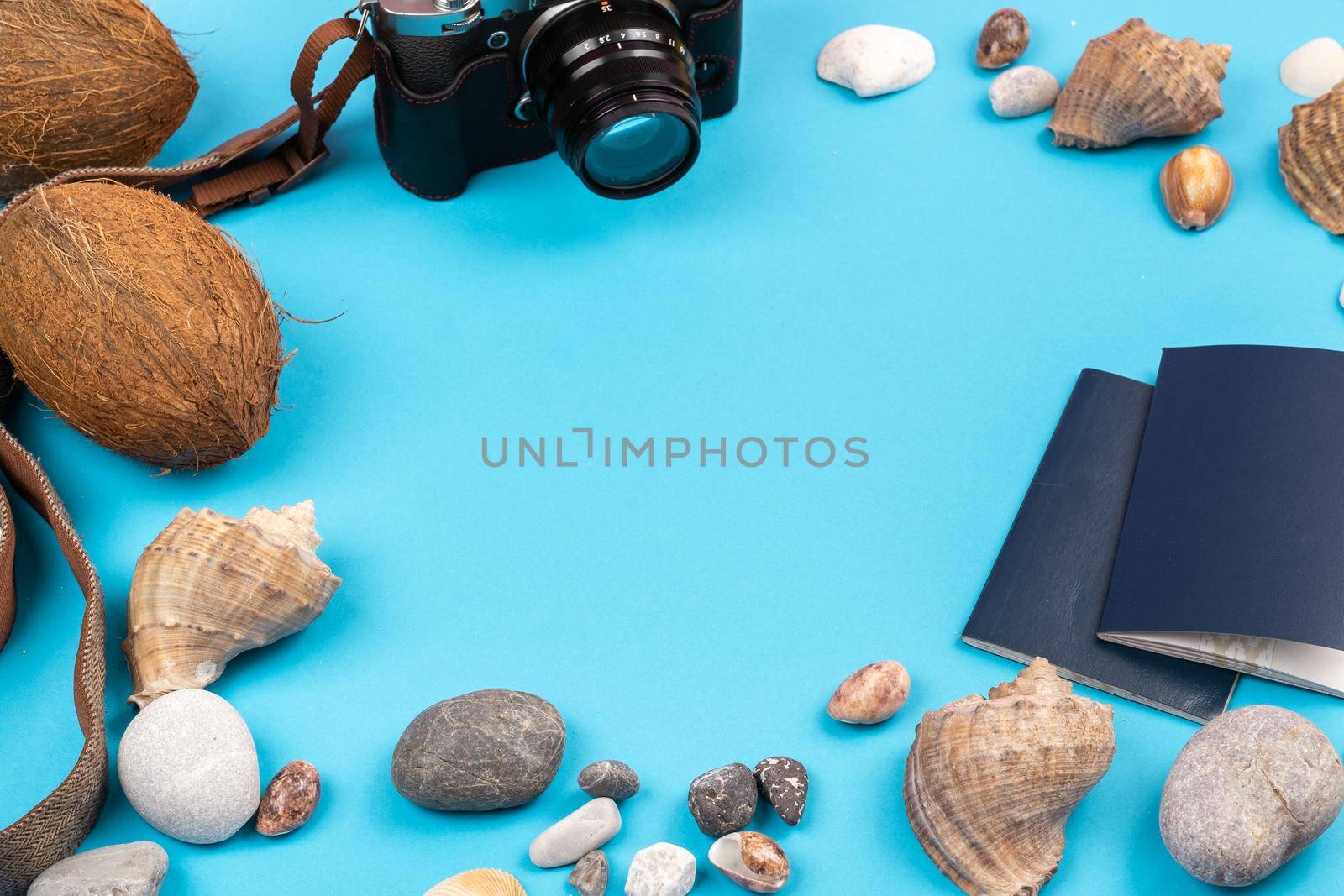 camera,coconuts, shells and documents on a blue background.Background for the traveler.