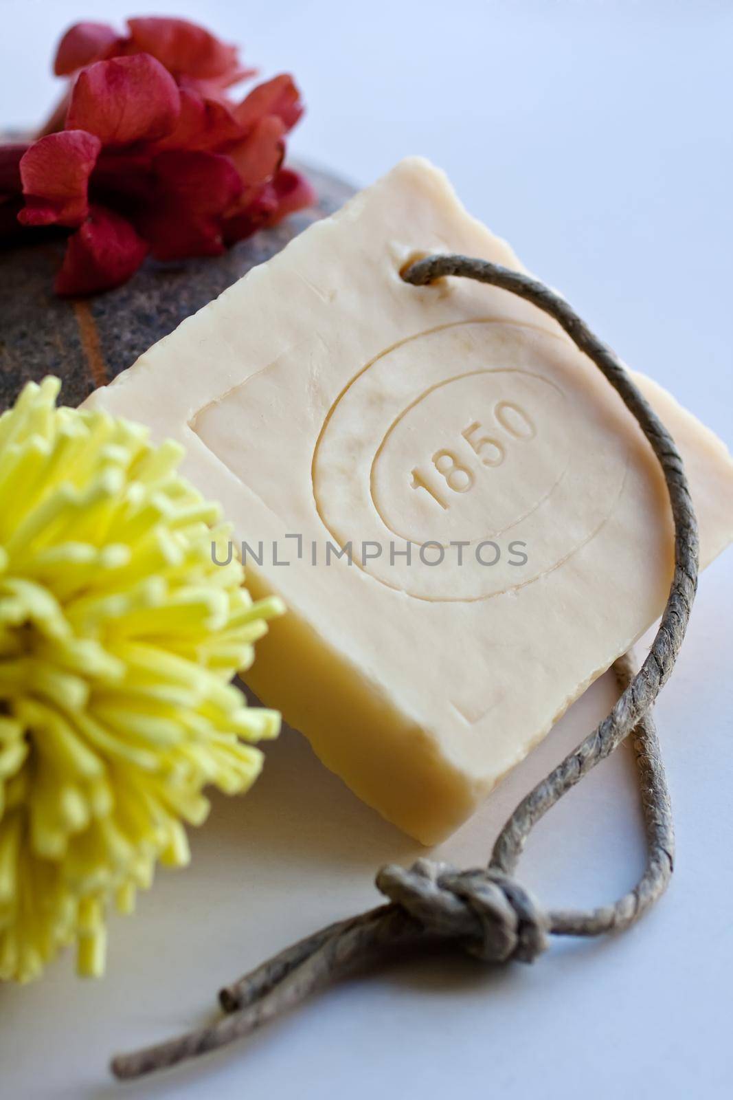 View of Natural soap, sponge and red flower