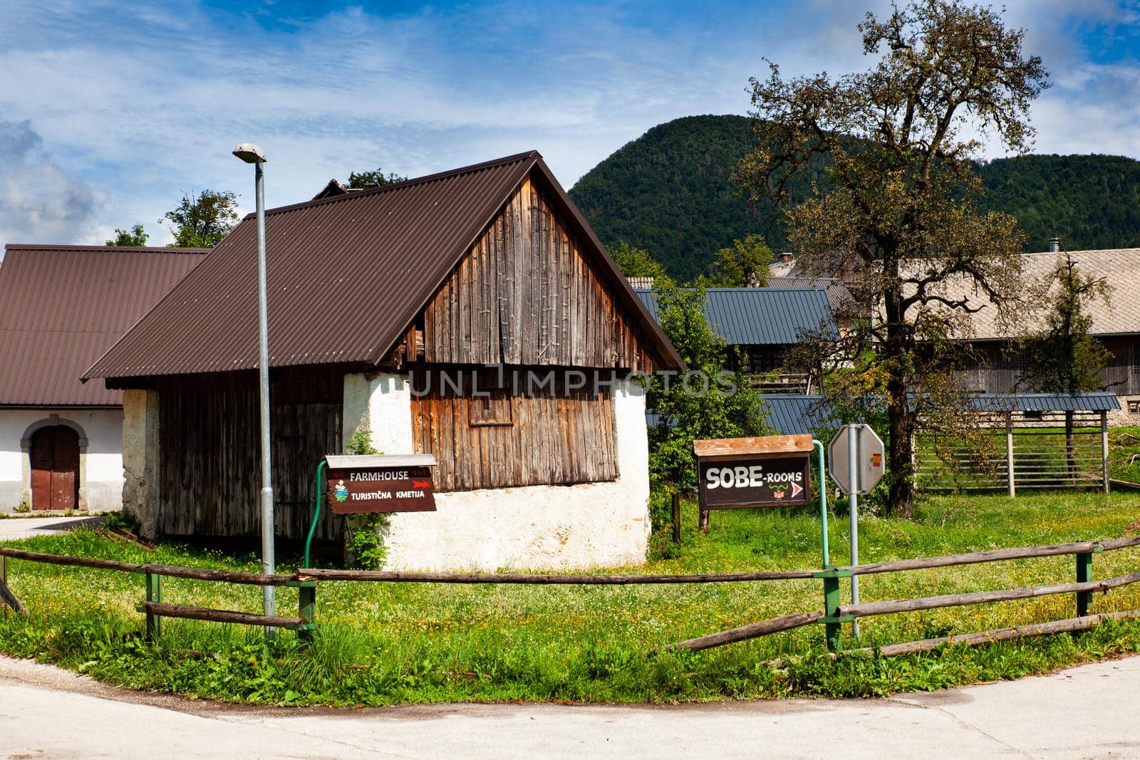 View of Slovenian chalet in Stara Fuzina little town near Bohinj, Slovenia