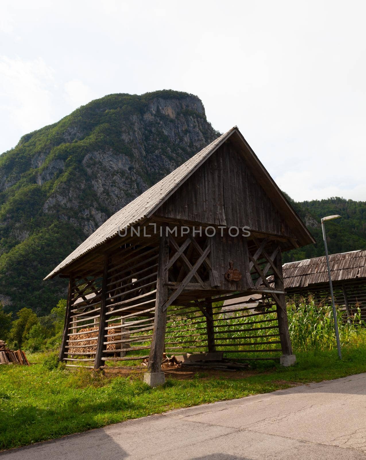 View of typical structural wood called Hayracks used for fodder dryer , Studor. Slovenia