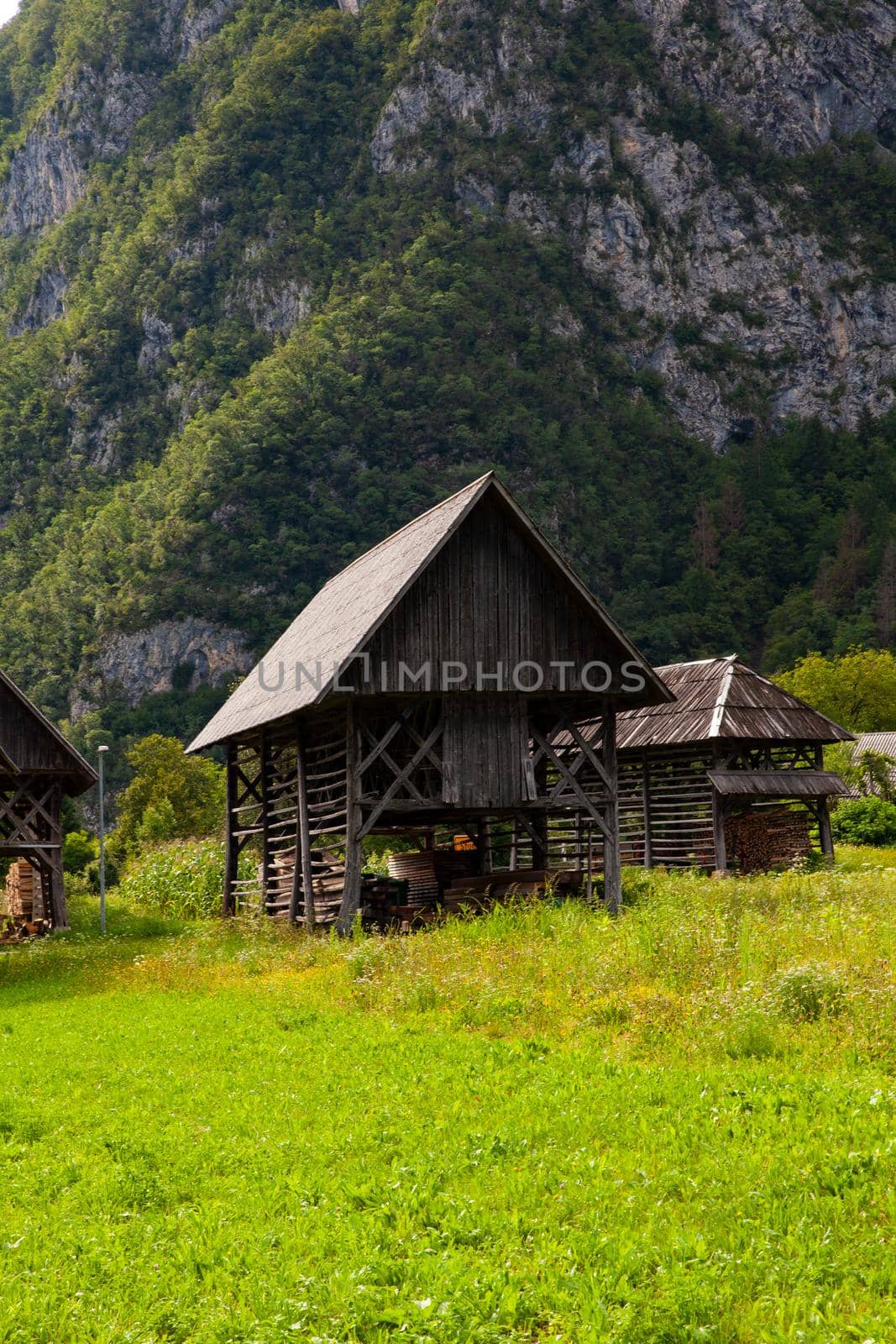 View of typical structural wood called Hayracks used for fodder dryer , Studor. Slovenia